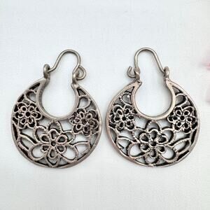 Vintage Silver Floral Filigree Hoop Earrings Acid Tested Cottagecore Openwork